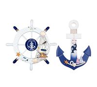 Fangoo 2 Pezzi 28 CM Timone Barca in Legno e 28CM Ancora in Legno decorazione da spiaggia a tema nautico oggetto decorativo da parete per la casa