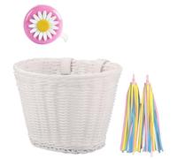 Fangxuee 1 Set di Cestino Anteriore per Bicicletta in Vimini Rattan+Campanello+Nappa+ Accessori per Manubrio Bici per Adulti Intrecciati Regolabili Bianca