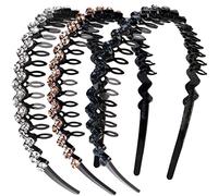 Fangzichen Cerchietto per capelli da donna, con pettine con denti in cristallo e strass ondulati, antiscivolo (argento+oro+blu scuro)