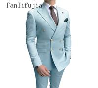 Fanlifujia Store 2024 Casual Sky Blue abiti da uomo Double Brested Peak risvolto bottone dorato smoking da sposa sposo miglior Costume Homme