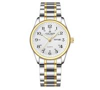 FANMIS Orologio analogico ultra sottile e facile da leggere per anziani, con cinturino in acciaio inox, con numeri grandi, impermeabile, luminoso, con cinturino elastico, Oro Oro Donna