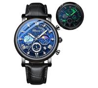 FANMIS Orologio da polso da uomo, classico, multifunzione, sportivo, analogico, impermeabile, luminoso, cronografo con cielo stellato, fasi lunari, cinturino in pelle, nero, Orologio alla moda