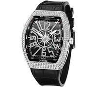 FANMIS Orologio da polso da uomo con teschio grande, rettangolare, stile punk, quadrante con diamanti, cinturino in pelle, calendario, sportivo, al quarzo, A Argento Nero, Big Face Orologi Rettangolo