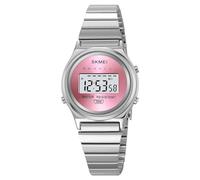 FANMIS Orologio digitale retrò da donna, classico, con display a LED, in acciaio inox, impermeabile, orologio da polso Petite multifunzione con allarme elettronico e cronometro, Argento e rosa., Retro