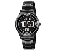 FANMIS Orologio digitale retrò da uomo e donna, con cinturino in acciaio inox, impermeabile, a LED, con sveglia, cronometro, conto alla rovescia, orologi classici da lavoro, Nero e nero.