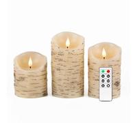 Fanna 3 Candele Led Pilastro Betulla con Telecomando e Batterie, Candele con Timer per Natale Decorazione Uso Interno - H 10/12,5/15 cm