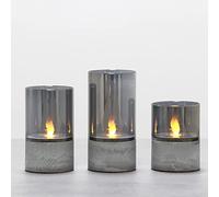 Fanna 3 Grigio Fumo Candele LED Fiamma Oscillante con Timer, Lanterne in Vetro per Natale Decorazione Uso Interno - H 10 cm / 12,5 cm / 15 cm