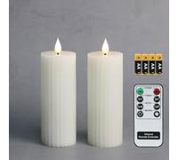 Fanna Set di 2 Candele bianche Pilastro LED a Pile Natale Decorazione luminosa design a righe Uso Interno, Batterie e Telecomando inclusi - D 5,5cm x H 15 cm