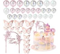 FANNAS 40 Pezzi Cake Topper Rosa di Buon Compleanno,Ragazza Farfalla oro Rosa Happy Birthday Decorazioni Torta Topper Palla Rosa Trasparente,Adatto per Decorare Torte o Lavori Fai Da Te