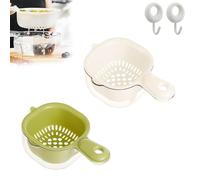 FANOLO Dual-Layer Draining Basket with Handle, Detachable Colander Draining Basket, Portable Storage Fruit Washing Basin, Multi-Functional Food Draining Rack Sink Strainer (White And Green)