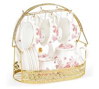 fanquare 21 Pezzi di Servizio da Tè in Porcellana Vintage, Foglie di Tè Rosso Pomeridiano Set, Servizio da Caffè in Ceramica con Cucchiai di Supporto per le Donne di Matrimonio