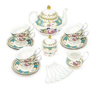 fanquare 21 Pezzi Servizio da tè in Porcellana Vintage Blu, Servizio da caffè in Ceramica con Rosa, Tazza da caffè e Piattino Fine per Adulti