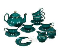 fanquare 21 Pezzi Servizio da Tè in Porcellana Vintage, Servizio da Caffè Verde Scuro per 6 Persone, con Teiera, Lattiera, Zuccheriera, Piattini e Cucchiai