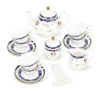 fanquare 21 Pezzi Set da Tè Pomeridiano Britannico con Rose Blu, Moderno Set di Teiere in Porcellana, Set di Tazze da Caffè Vintage con Piattino, Servizio da Tè per Adulti per 6 Persone