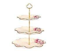 fanquare Alzata per Torta in Porcellana a 3 Piani, Piatti da Frutta a Forma di Loto con Montanti in Metallo per Compleanni, Matrimoni, Festa del Tè