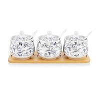 fanquare Barattolo per Spezie da Cucina Floreale Blu e Bianco, Set di 3 Zuccheriere Cinesi con Coperchio e Cucchiaio, Vaso per Condimenti in Ceramica con Vassoio di Servizio per Casa e Cucina