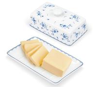 fanquare Burriera in Ceramica a Fiori Blu con Coperchio e Manico per 250 g di Burro, Grande Burriera in Porcellana, Burriera di Alta Qualità