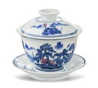 fanquare Gaiwan Blu e Bianco Ciotola da Tè Tradizionale Cinese Sancai in Porcellana per Pini Verdi con Coperchio Set di Coperchi per Tazze da Tè e Piattini Vintage 160ML