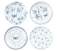 fanquare Piatti da Dessert a Farfalla Vibrazioni di Primavera in 4 pezzi, Piatto da Torta Piatto da colazione in Porcellana con Fiori, Blu, 20 cm