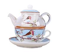 fanquare Servizio da tè per Una Persona con Uccelli e Fiori Pettirosso Blu, Tazza da tè in Ceramica e Piattino con Teiera in Vetro