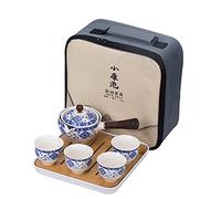 fanquare Servizio da Tè Portatile da Viaggio in Porcellana, Set da Tè Kungfu Blu e Bianca, 1 Teiera, 4 Tazze da Tè e Vassoio da Tè in Bambù con Borsa