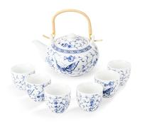 fanquare Set da Tè Blu e Bianco Teiera con Farfalla Floreale con Infusore Set di Teiere Cinesi per Adulti Regali, Una Teiera con 6 Tazze