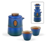 fanquare Set da Tè da Viaggio Portatile con Custodia Teiera Kung Fu Cinese in Porcellana Blu con Infusore Mini 1 Teiera 3 Tazze per Esterni