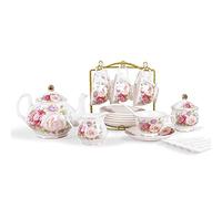 fanquare Set da Tè Europeo in Porcellana da 21 Pezzi, Servizio da Caffè in Ceramica Rosa, Servizio da Tè per Matrimonio, Tè Pomeridiano e Caffè