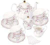 fanquare Set da Tè in Porcellana, Set Tazza da Tè e Piattino, Servizio da Tè da Sei,Nozze Teiera Zuccheriera Crema Brocca, Servizio da Caffè di Fiori China, Rosa Rossa