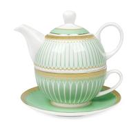 fanquare Set da tè per Uno con Bordo Dorato, Set di Teiere Verdi per Adulti, Tazza da caffè e Piattino in Ceramica, Classico a Righe