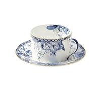 fanquare Set di tazze e piattini blu e bianchi, Set di tazze e piatti da caffè in porcellana con fiori di rosa da 200 ml e finiture in oro, Tazza da tè vintage inglese per il tè del pomeriggio