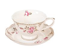 fanquare Set di Tazze e Piattini da 220 ml, Tazza da Caffè Rosa Chiaro con Bordo Dorato, Tazza da Tè in Porcellana Vintage