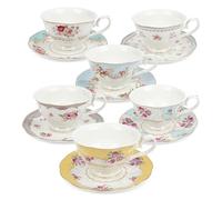 fanquare Tazza da Caffè e Piattino in Porcellana Colorata e Floreale, Set di Tazze da Tè Inglesi per 6 Persone, Set da Tè da Donna con Rose Vintage, FKT0565A