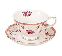 fanquare Tazza da Caffè e Piattino Rosa, Tazza da Tè e Caffè in Porcellana d'osso da 220 ml, Tazza e Piattino in Porcellana da Regalo