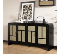 FansaFurn Armadietto portaoggetti con 4 ante in rattan, credenza bohémien, con ripiani regolabili, grande tavolo da ingresso per cucina, corridoio, sala da pranzo, soggiorno, nero