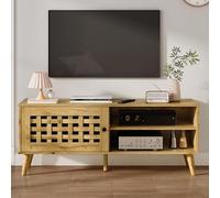 FansaFurn Mobile TV da 119 cm con porta in legno intrecciato e gambe angolate, console TV vintage con contenitore, tavolo da centro intrattenimento multimediale, tavolo consolle retrò in legno per