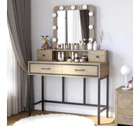 FansaFurn Scrivania con specchio e luci, scrivania per trucco con specchio Hollywood illuminato in 3 colori, tavolo da trucco marrone con 4 cassetti, grande toletta per donne e ragazze