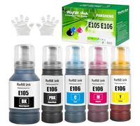 FANSHENG 105 106 Inchiostro Compatibile con Epson 105 106 Flaconi di Inchiostro per Ecotank ET-7700 ET-7750 L-7160 L-7180(5 Pack 2BK/C/M/Y)