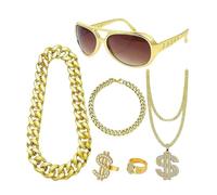 FANSHINUO Set di 6 collane e anelli in metallo con simbolo del dollaro hip hop, regalo unico per giovani trendsetter, gioielli di cultura di strada