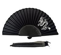 FANSOF.FANS Ventaglio pieghevole in tessuto di seta nera, con sacchetto a costine in bambù, stile cinese, vintage, per ragazze e donne, regalo per feste di nozze (arte dragonale)