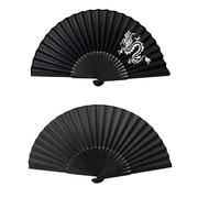 FANSOF.FANS Ventaglio pieghevole in tessuto di seta nera, con un sacchetto a costine in bambù, stile cinese, vintage, per ragazze e donne, bomboniere, idea regalo (semplice Black n Dragon Art)