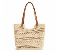 FANSU Borsa Mare in Paglia Donna Estiva Grande Capacità | Moda Borsa a Tracolla a Maglia Traforata con Manico in pelle e Cerniera, Tote Bag per Vacanze, Spiaggia, Shopping, Viaggi