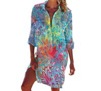 FANSU Camicia Lungo Copricostume Donna Mare, Copricostume Donna Mare Curvy Camicia Vestito Lunga con Bottoni Stampa 3D per Estive Piscina Vacanze Costume da Bagno (Piante,8XL)