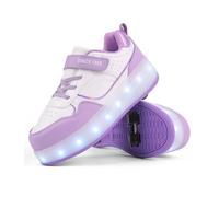 FANSU Scarpe con Rotelle Bambino Bambina con LED Brillantini Luci, Viola Scarpe Pattini con 4 Rotelle Retrattile USB Ricaricare, Multisport Outdoor Sneaker Skateboard
