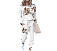 FANSU Tuta da Ginnastica Donna, 3D Gatto Carino Stampa Completi Sportivi Due Pezzi Casual Pigiama da Casa Felpa Girocollo Manica Lunga + Pantaloni con Tasche per Training Fitness Yoga