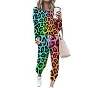 FANSU Tuta da Ginnastica Donna, Leopardato Stampa Completi Sportivi Due Pezzi Casual Pigiama da Casa Felpa Girocollo Manica Lunga + Pantaloni con Tasche per Training Fitness Yoga
