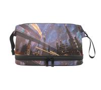 Fantascienza Industrial Building City Borsa cosmetica a doppio strato per donne e ragazze, borsa da viaggio per trucchi pratica borsa organizer con scomparto per pennelli, Multi, 27x15x14