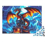 Fantasia Castello Drago 1000 Pezzi Puzzle Decor per Adulti Drago Rosso in Tempesta di Fulmini Blu Premium Robusto Vivace Stimolante Antistress 70x50cm/1000pz