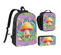 Fantasia Dream Fungo 17 Pollici Zaino Lunch Bag Pencil Case Set, Stampa Carina, Durevole Panno Oxford.