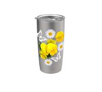 Fantasia Farfalla Bianca Margherite Giallo Viole Del Pensiero Forme Mania Bicchiere termico in acciaio inox doppia parete